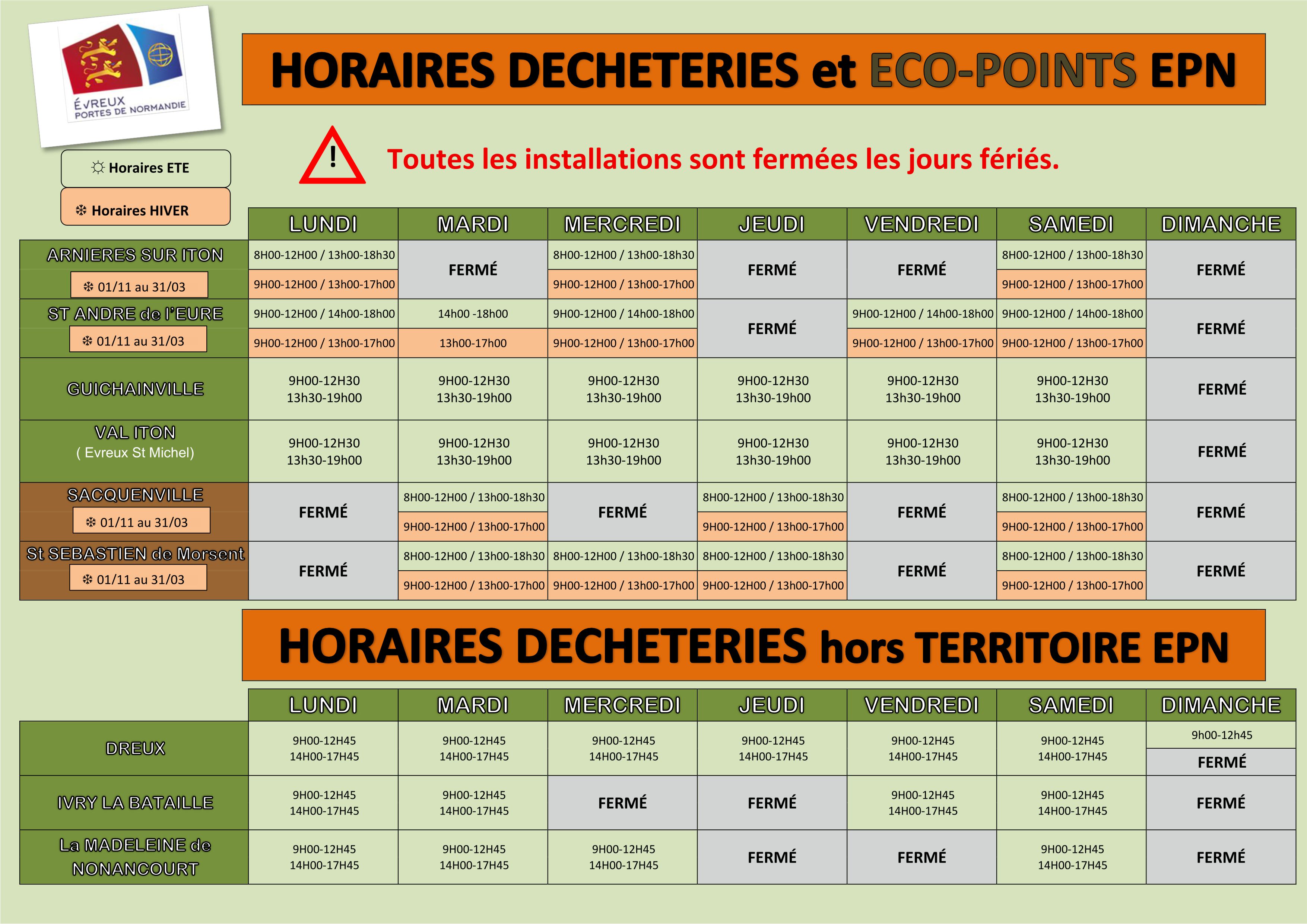 HORAIRES DECHETERIES ET ECO-POINTS
